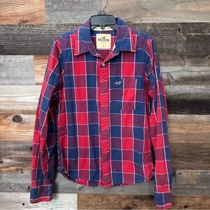 Hollister Shirt Men's Large Plaid Long Sleeve Button Up Blue Red EUC Preppy
